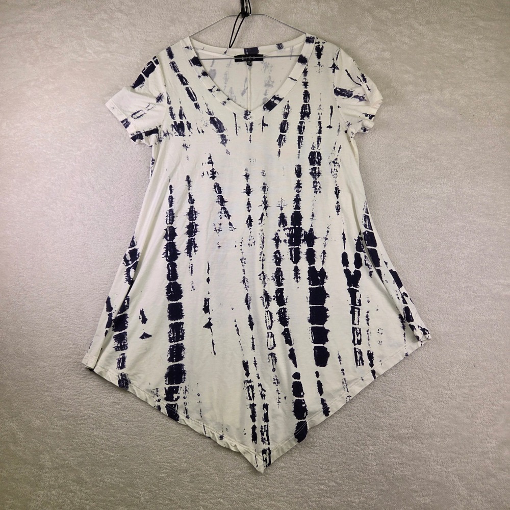 B.L.E.U. Womens Navy Blue White Tie Dye Handkerchief Hem V-Neck Tunic Top Medium